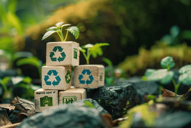 Recycling cardboard packages stacked on soil with sprouting seedlings and green forest blur