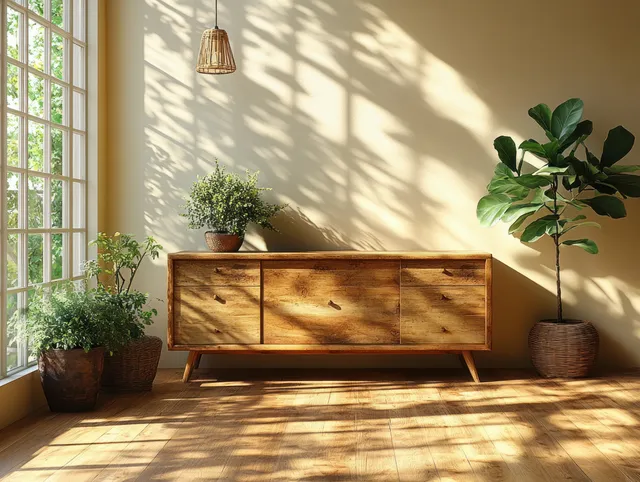 Sunlit Scandinavian living room corner with a wooden sideboard, potted plants, and window shadows.
