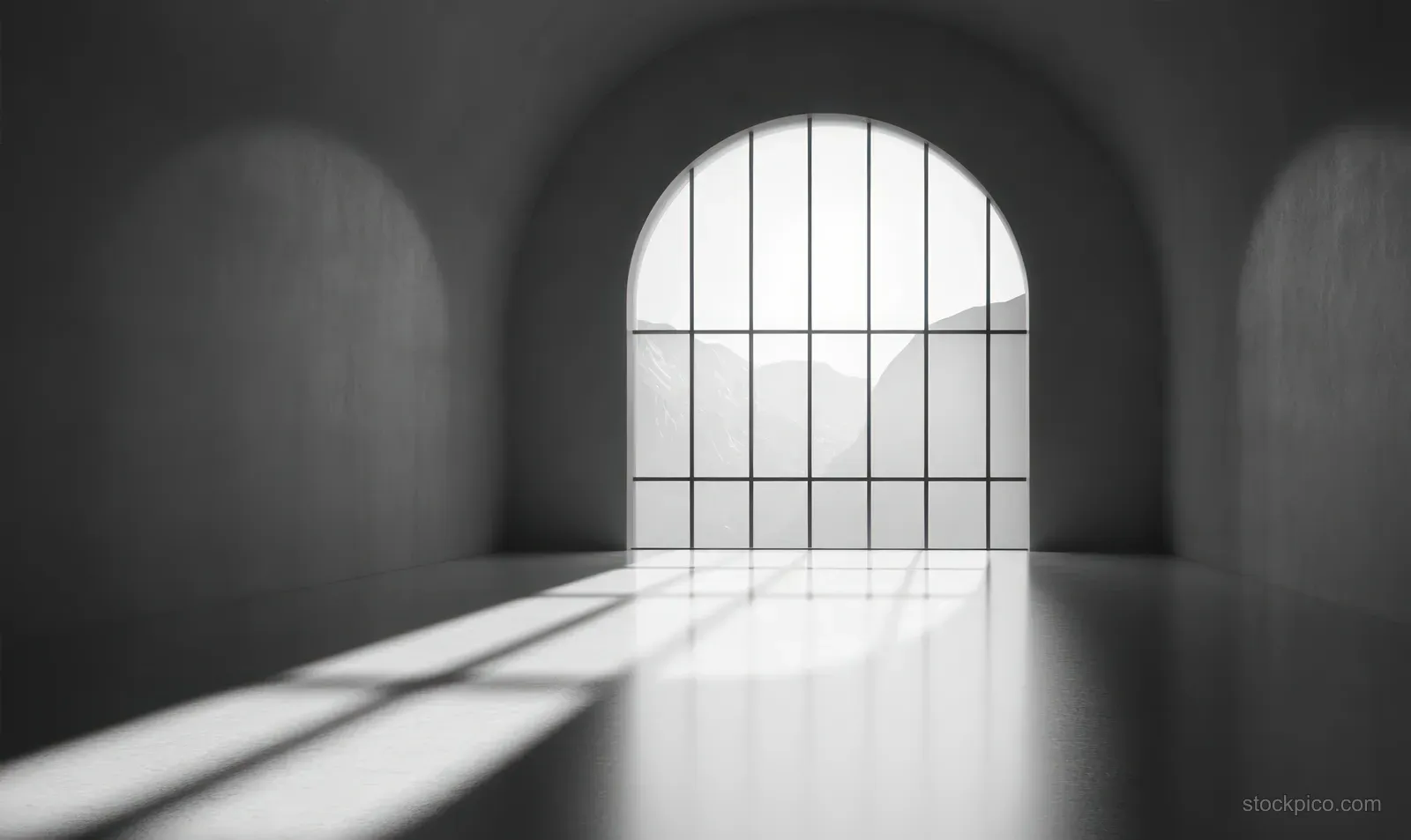 Empty minimalist room with an arched grid window casting long shadows and showing a soft mountain landscape.