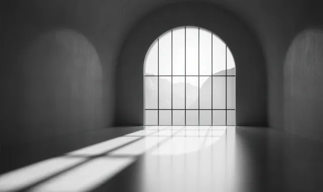 Empty minimalist room with an arched grid window casting long shadows and showing a soft mountain landscape.