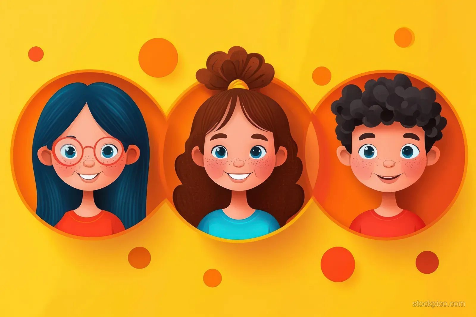 Three smiling children with diverse hairstyles and freckles appear in orange circular frames on a bright yellow background.
