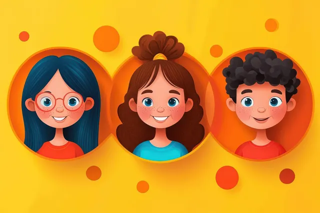 Three smiling kids with diverse hairstyles, freckles, and orange circle frames on yellow background