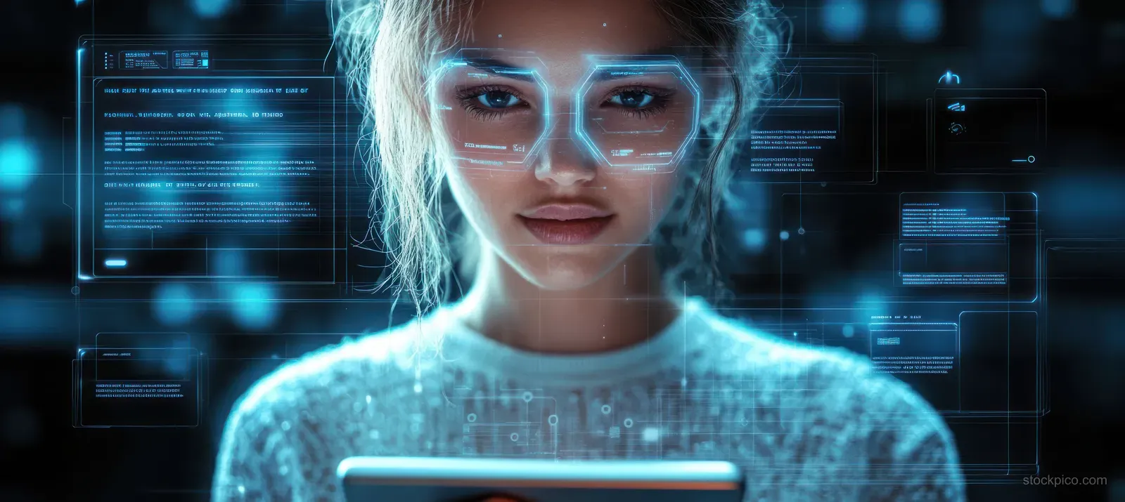 Semi-transparent AI face with glowing holographic interface panels and floating chat prompts in a cyber scene.