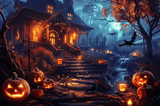 Twilight view of a haunted house with glowing jack-o'-lanterns, autumn leaves, and misty trees along a path.