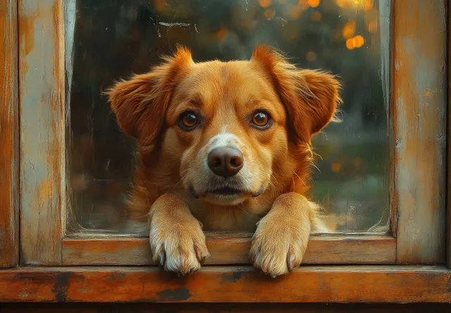 A tricolor Jack Russell terrier curiously waits by a glass window, gazing at a serene garden view.