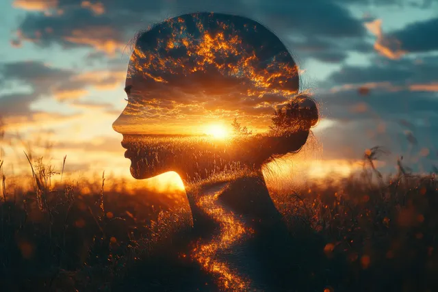 Silhouette of a man in rural fields, reflecting at sunset with mindful calm