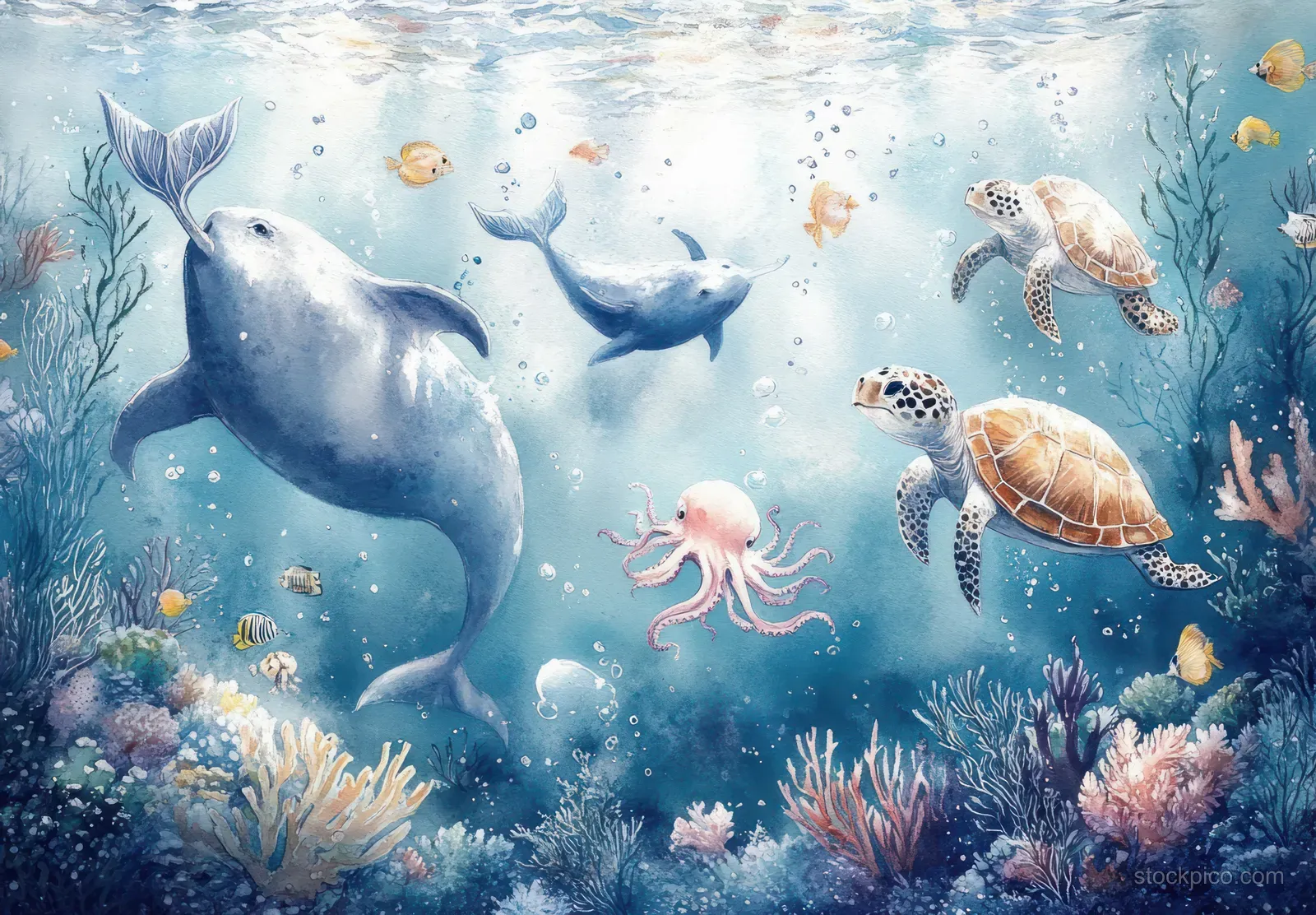 Narwhals, turtles, and octopuses swim through coral and sea plants beneath sparkling blue water.