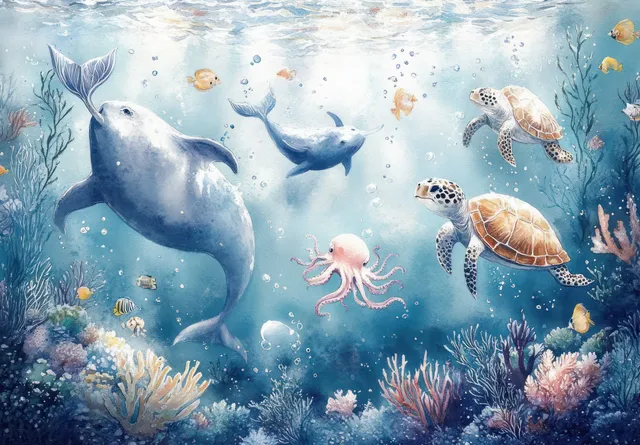 Whimsical underwater coral garden with narwhals, turtles, octopus, and drifting jellyfish