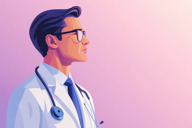 Doctor wearing a white coat with stethoscope, minimalist gradient backdrop and blank face panel