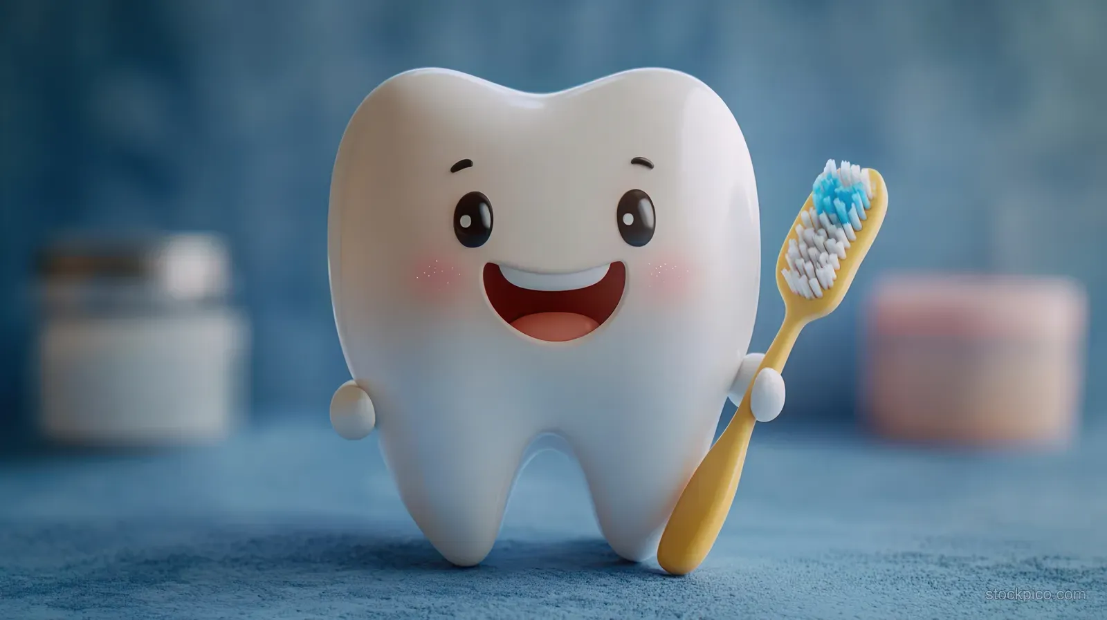 Smiling cartoon tooth character holds a yellow toothbrush with blue and white bristles against a blurred background.