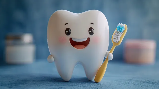 Smiling cartoon tooth character holds a yellow toothbrush with blue and white bristles against a blurred background.