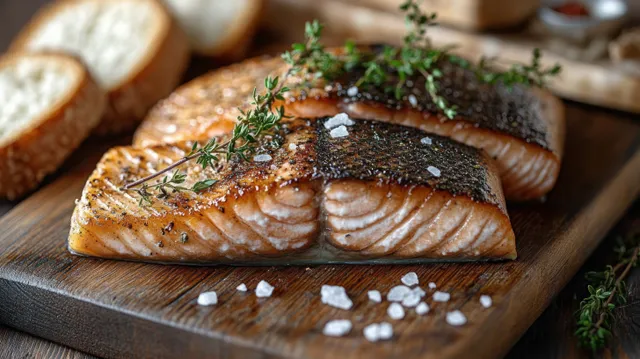 Seasoned grilled salmon with crispy skin on a wooden board, garnished with thyme and coarse sea salt beside sliced bread.