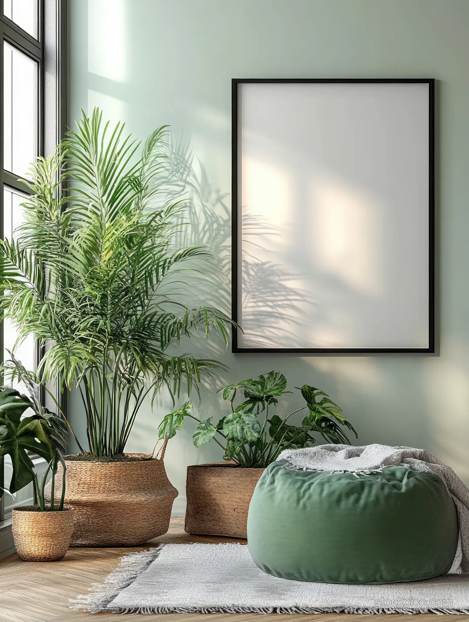 Blank picture frame above a green pouf beside potted houseplants in bright natural light.