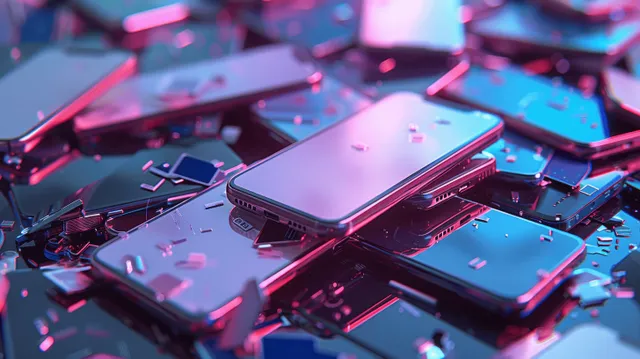 Broken smartphones with blank screens and loose parts are piled on a table under neon blue and pink light.