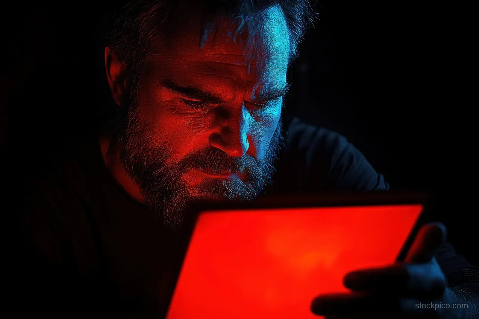 Bearded man concentrates on a glowing red tablet screen in a dark room lit by blue and red light.