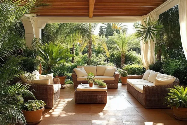 A sunny patio oasis with wicker seating, lush greenery, and potted plants creates a relaxing tropical retreat.