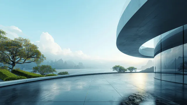 Empty concrete floor extends toward a calm water horizon beside a futuristic curved building facade.