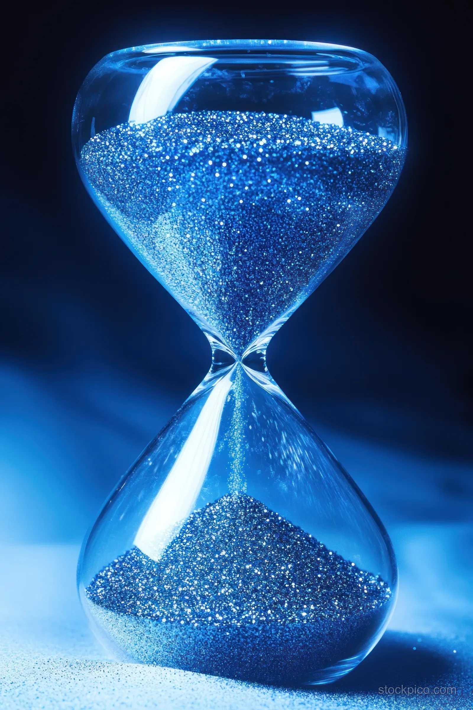 An hourglass with sparkling blue sand flowing through its narrow middle on a dark blue background.