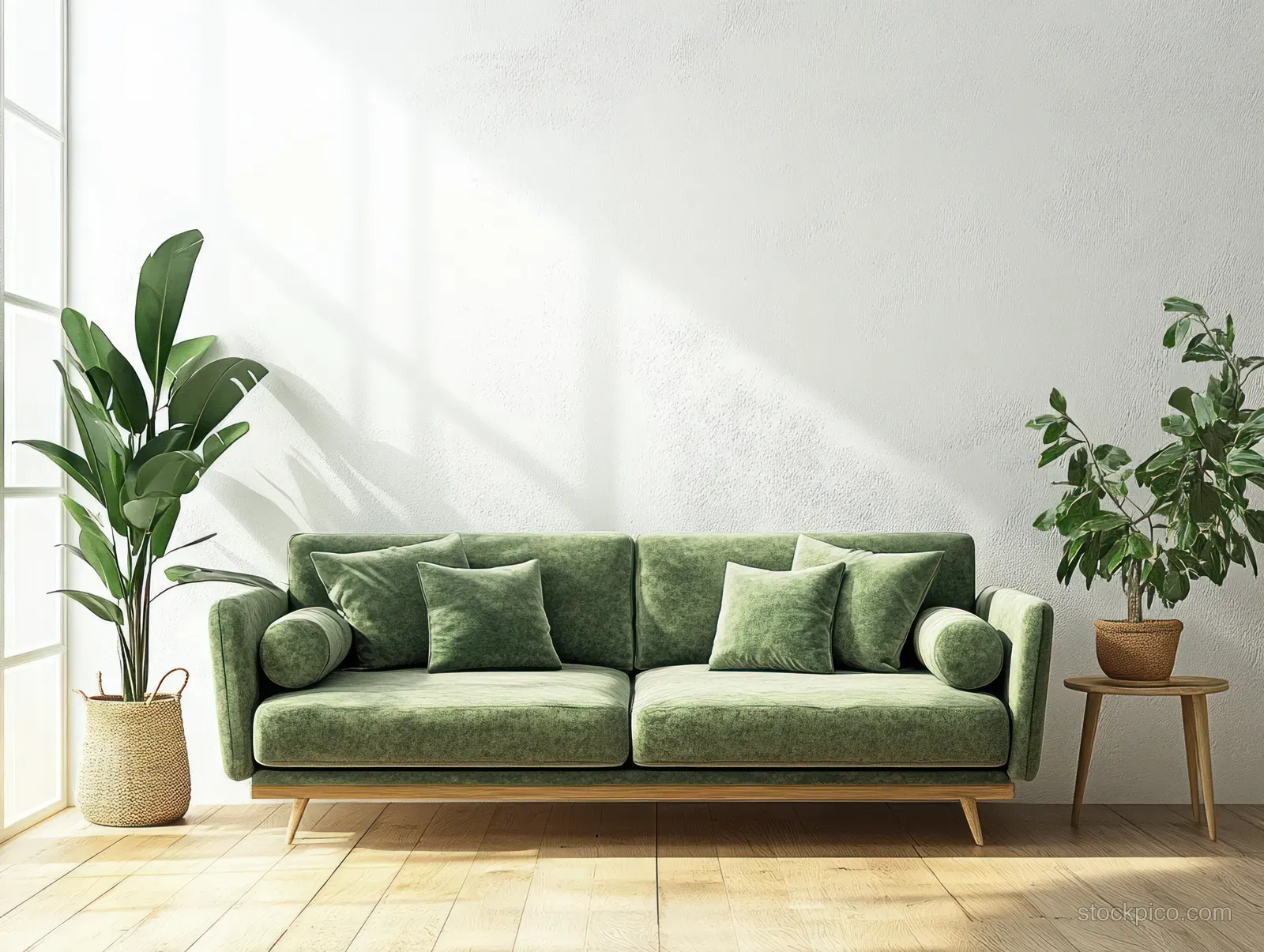 Sunlit minimalist living room featuring a green sofa with cushions, light wood floor, and potted plants.
