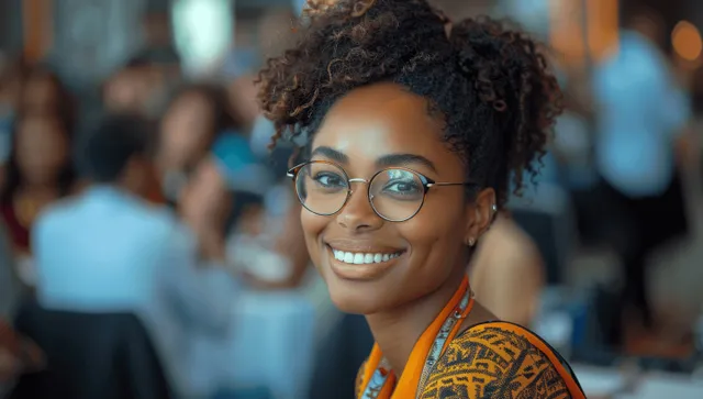 Cheerful black woman smiles with glasses at a business conference, audience blurred behind