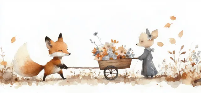 Watercolor fox pulling a small cart of flowers in a sunny garden with friends