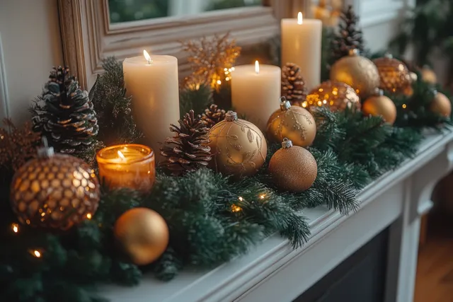 Cozy winter mantel with nutcracker-inspired decor, candles, garland, and gold baubles