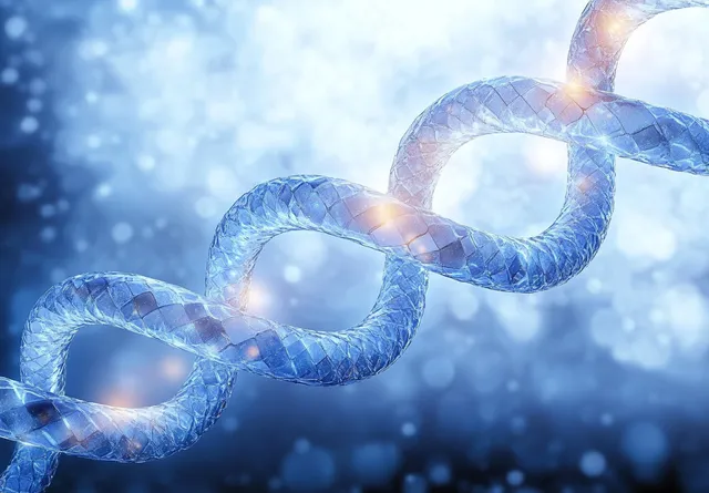 Glowing blue transparent DNA double helix floating in soft bokeh light particles