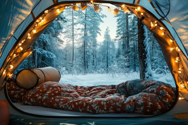 A sleeping bag inside a snow-covered camping tent with glowing fairy lights and visible forest trees outside.