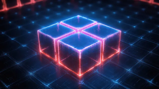 Neon cubes forming a plus shape glow above a bright blue grid with pink edge lighting.