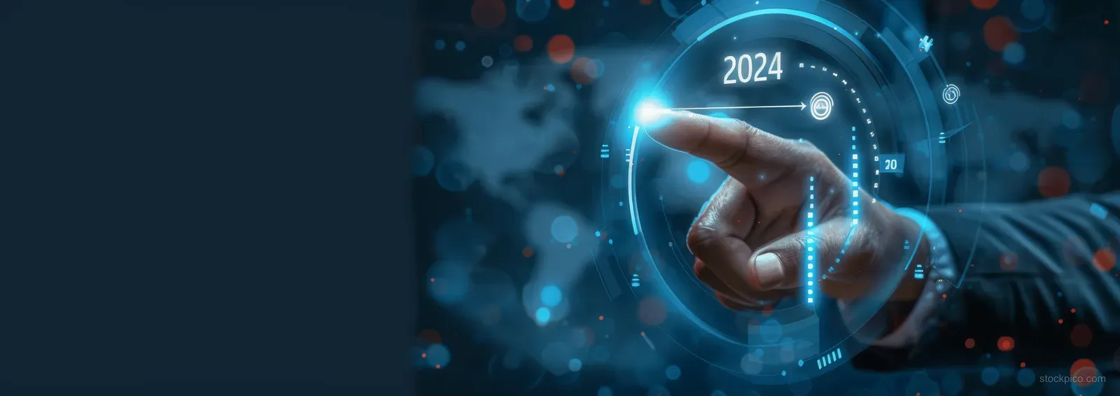 A businessman points at a glowing holographic 2024 digital finance dashboard with charts and target markers.