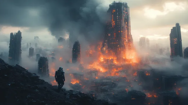 Humanoid robot sprinting through smoking ruins, orange firelight, shattered skyline