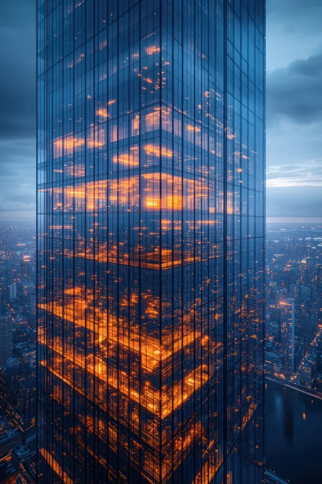 Glass skyscraper rising through orange sunset reflections above a cloudy downtown skyline