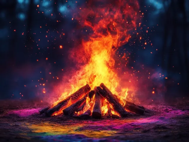 A bright campfire burns in a dark forest at night with vivid flames, glowing embers, and colored powder around the fire pit.