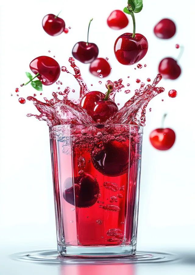 Red cherry juice splashes from a clear glass while cherries float above it on a white background.