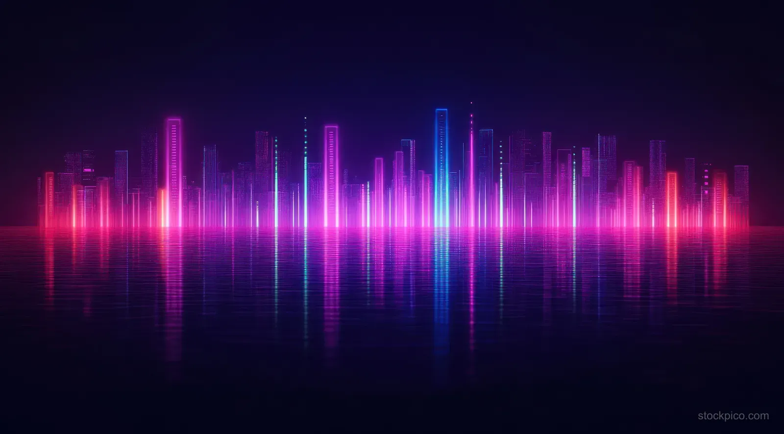 Futuristic neon city skyline glows in pink, purple, and blue with mirrored light reflections on dark calm water.