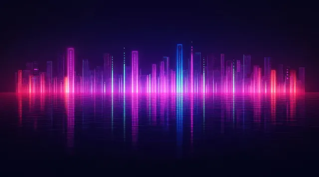 Futuristic neon city skyline glows in pink, purple, and blue with mirrored light reflections on dark calm water.