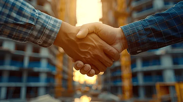 Two people shake hands in front of scaffolding and construction materials during sunset lighting.