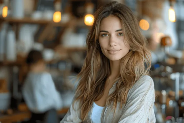 Confident businesswoman standing in bright coworking office, soft bokeh lights behind colleagues