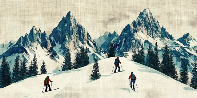 Three skiers trekking uphill on a snowy mountain ridge with evergreen trees and jagged peaks under cloudy skies.