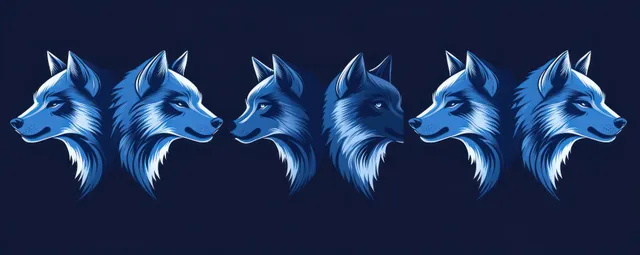 Blue Wolf Heads Row Vector Illustration with Sharp Fur and Intense Expressions