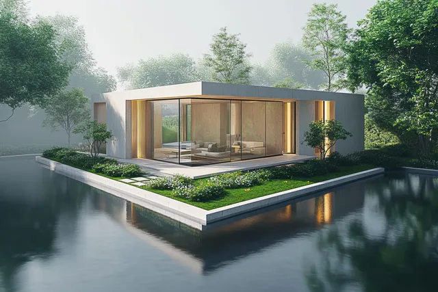 Minimalist modern house model with pool terrace, warm interior light, and lush trees