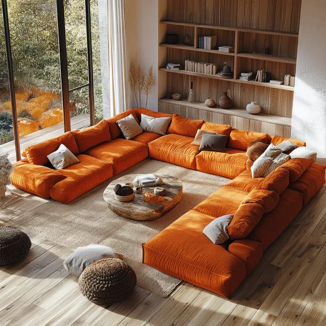 Sunlit living room render with an orange sectional sofa, rug, tray table, and minimal built-in shelves.