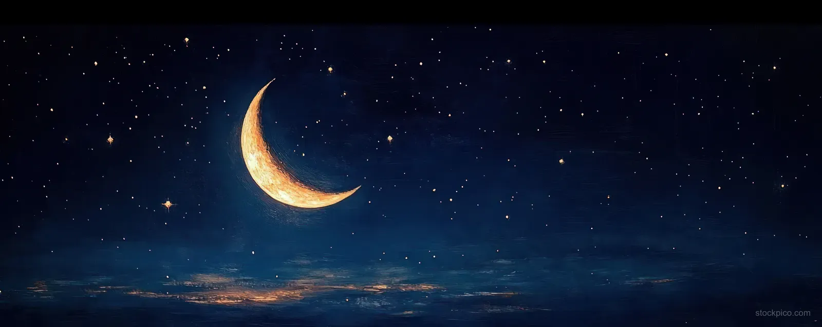 A glowing crescent moon shines above a star-filled night sky with a faintly glowing horizon.