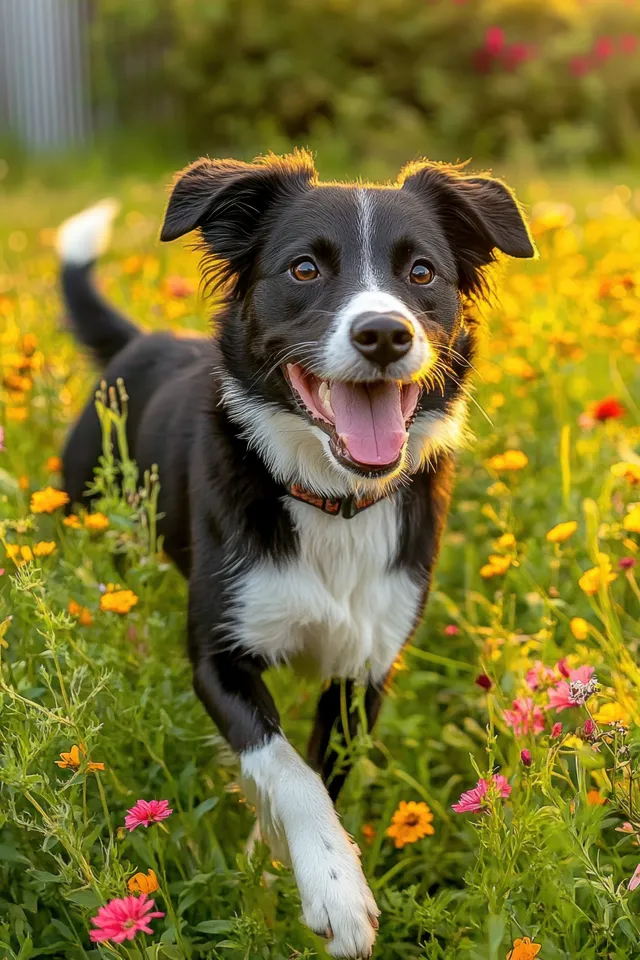 Black and white dog runs forward with tongue out through a colorful wildflower field in sunny daylight.