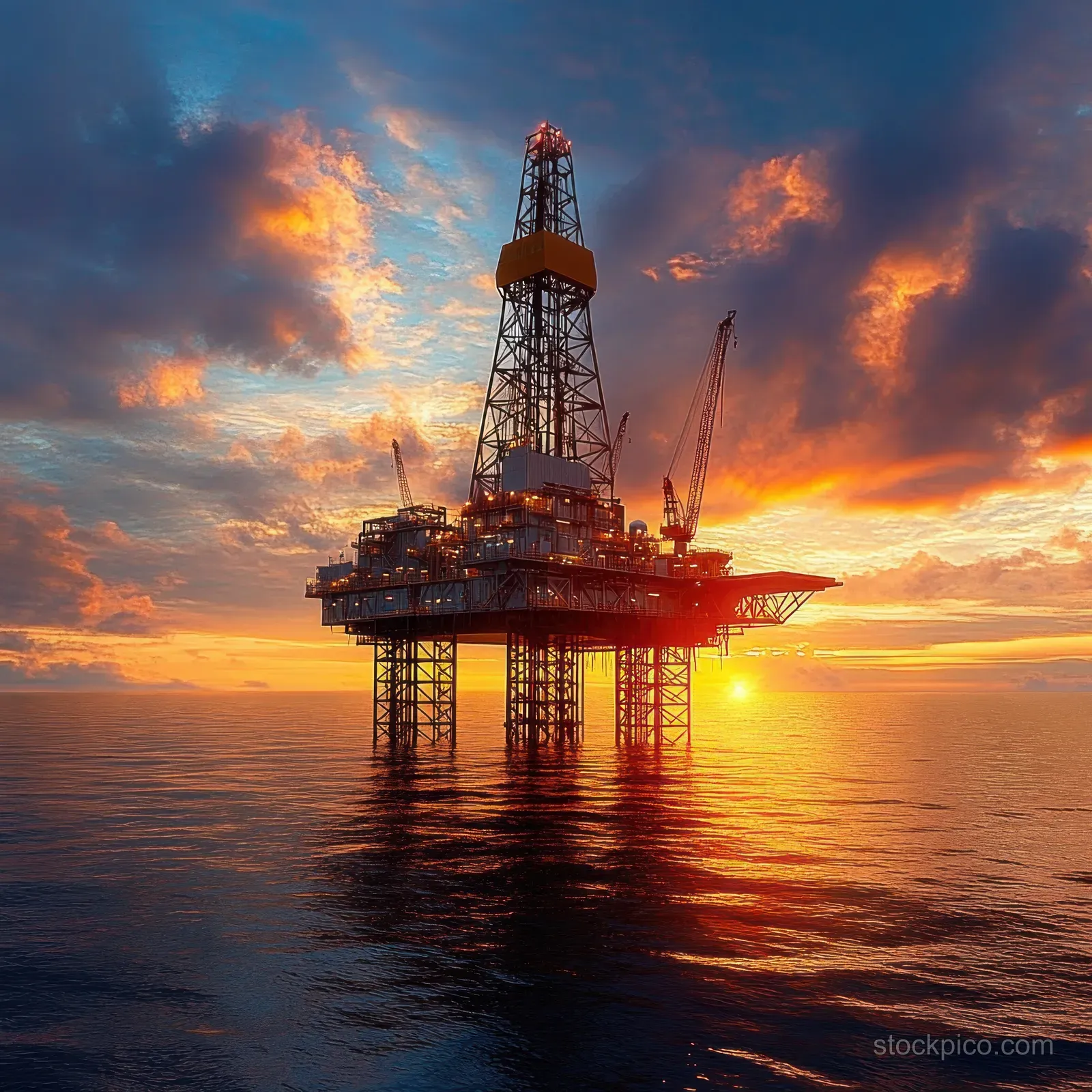 Silhouetted offshore oil rig on calm ocean water with a vibrant sunset sky and orange reflections.