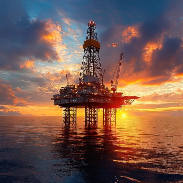 Offshore oil rig silhouette over calm ocean at vibrant sunset, steel structure and flare sky