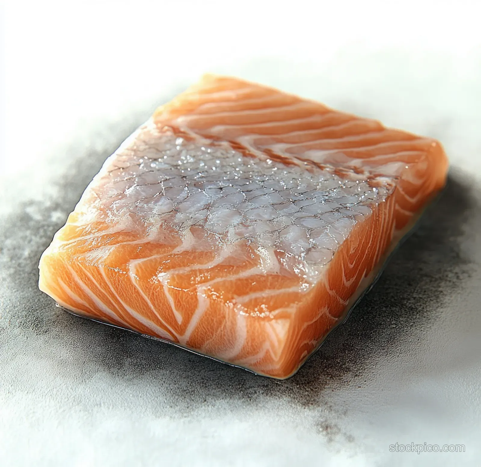 Raw salmon fillet with skin on resting on a white textured surface before cooking.
