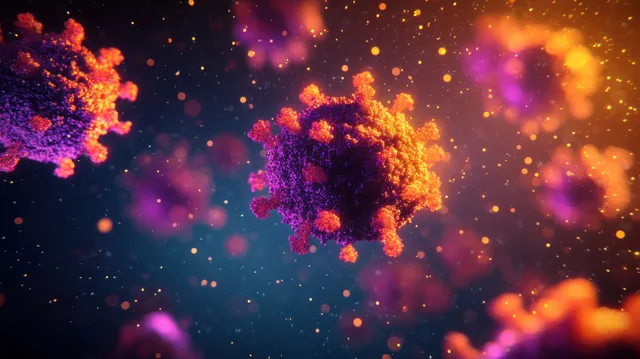 Colorful Measles Virus Particles Floating in Dark Microscopic Space