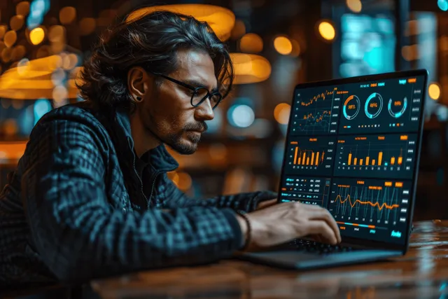 Analyst reviews KPI finance dashboard on laptop with charts during night office work