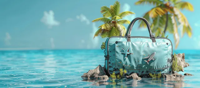Blue travel suitcase holding a tropical island scene inside on ocean blue background